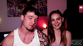 Dreamy stud bends adorable girl over for doggystyle fucking with his monster cock.