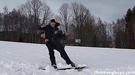 three gay snowboarders say, 'let's have bareback anal after the slopes'