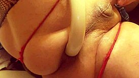 transsexual amateur cools down with giant toys in group setting