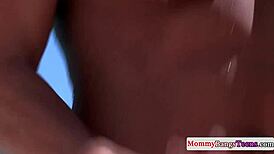 Busty Blonde Milf Exclaims During Threesome Blowjob with Teens!