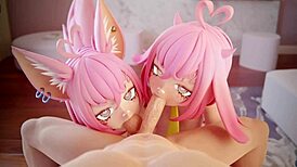 Two slutty anime girls intensely suck your cock in hentai cartoon