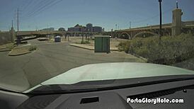 Ebony girl at public gloryhole sucks and swallows white cocks interracial.