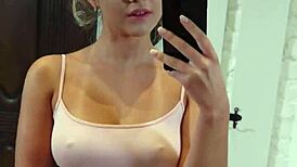 Teen Mia Piper strips and masturbates in front of mirror, ripping clothes off her big tits.