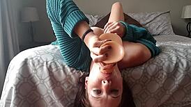 She says, 'Watch this upside down dildo gag deepthroat with choking.'
