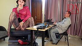 GIANTESS SECRETARY SEDUCES BOSS, SHOWS JUICY PUSSY, TITS, MASTURBATES CUNT