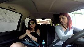 two crossdressing girls show off and fuck a guy in the car