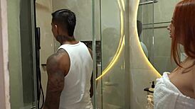 Busty redhead calls hot neighbor to fix plumbing with his thick cock.