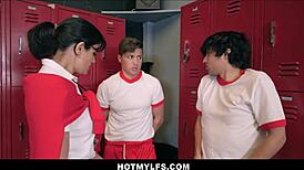 Milf gym teacher in Porky's parody gets double penetration from two boys.