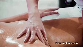 Beautiful masseuse seduces housewife on the table