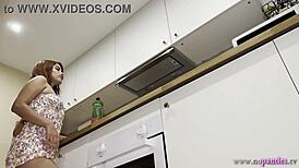 hot redhead latina wife shows pussy and ass in kitchen without panties