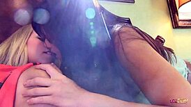 Lesbian Brunettes with Small Boobs Lick Shaved Pussy. Natural Tits and Anal Fingering Heat Up Kissing.