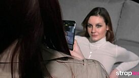 Girlfriends in pantyhose and heels create strapon sex tape with licking and squirting