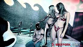 3-way porn - 2 hot latex sluts dominate 2 guys in submissive bondage and bdsm group fetish