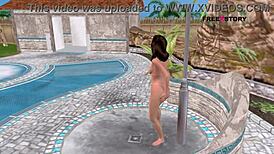 Cute Girl in Animated 3D Cartoon Gives Sexy Poses and Showers Near Pool!