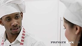 Blue eyed brunette grips big black cock with both hands, wow!