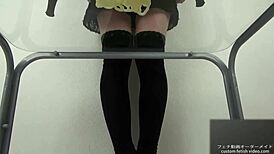 Asian babe stomps noodles in shoes for foot fetish excitement.