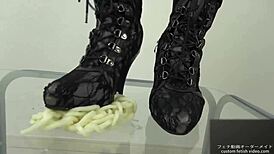 Asian babe stomps noodles in shoes for foot fetish excitement.