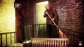 a guy discovers a naughty brunette in kitty mask, eager for a deepthroat facial