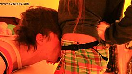 Boyfriend Hogtied for Strapon Action! Mistress Deepthroats Him Hard. What a Wild Scene!