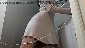hey, japanese busty girl starts touching herself in laundry room