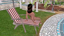 In this casual 3D cartoon, a cute girl masturbates with a bottle by the pool.
