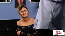 Voyeur Beauty In Heels Gives Jerk Off Instructions To Humiliated Sub At Office.