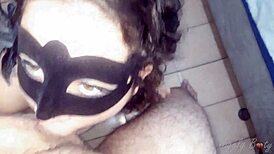 Bootylicious masked amateur girlfriend sucks her boyfriend's cock in POV homemade video.