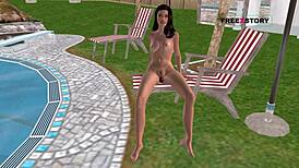 In this casual 3D cartoon, a cute girl masturbates with a bottle by the pool.