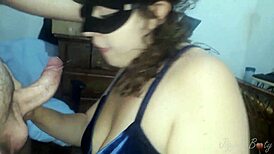 Bootylicious masked amateur girlfriend sucks her boyfriend's cock in POV homemade video.