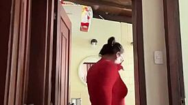 my cute milf neighbor masturbates in the bathroom and gets a creampie