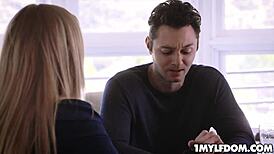 Oh, busty milf cums hard on the studs shaft as he pumps from behind!