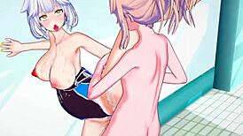 Detailed 3D cartoon scene at the pool featuring anime characters by badpoipoi