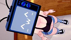 Anime woman enjoys hot exercises in sportswear on toilet