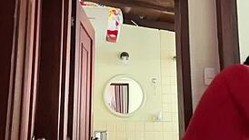 my cute milf neighbor masturbates in the bathroom and gets a creampie