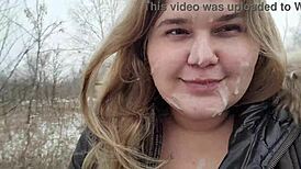 Cute BBW Blonde Receives Huge Facial in Inclement Weather
