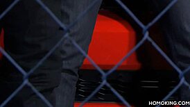 strong gay couple fucks hard on red car roof