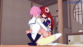 Shamiko Yuko Yoshida和Momo Chiyoda激烈扶她性爱，恶魔女孩邻居Hentai动作！