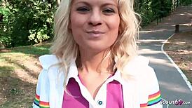 German teen persuaded for blowjob on playground for money