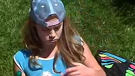 Teen Little April rubs her clit outdoors while sucking a popsicle. She’s all alone showing off.