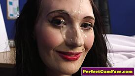 lingeried beauty gets a huge facial cumshot