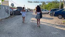 Two Girls Flash Pussies in Public Without Panties