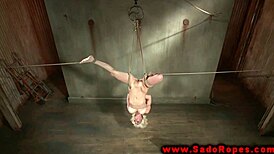 Bound, gagged BDSM whore getting slammed with dildo in rough session