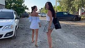 Two Girls Flash Pussies in Public Without Panties