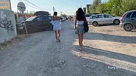 Two Girls Flash Pussies in Public Without Panties