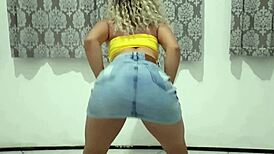 Hey, hot married blonde, why tease the young guy in jeans and strip for him?