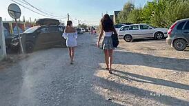 Two Girls Flash Pussies in Public Without Panties