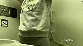 OMG, this teen is masturbating in an airplane toilet without panties and almost gets caught cumming! 😱