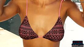 Black Teen Model Noelle Monique Slowly Strips Bikini to Reveal Petite Frame and Tight Ass.