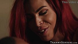 damn! kinky redhead tranny rubi maxim rides big black cock bare and hard