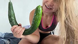 Russian Teen Flirts Hard with Cucumber for Wild Orgasm